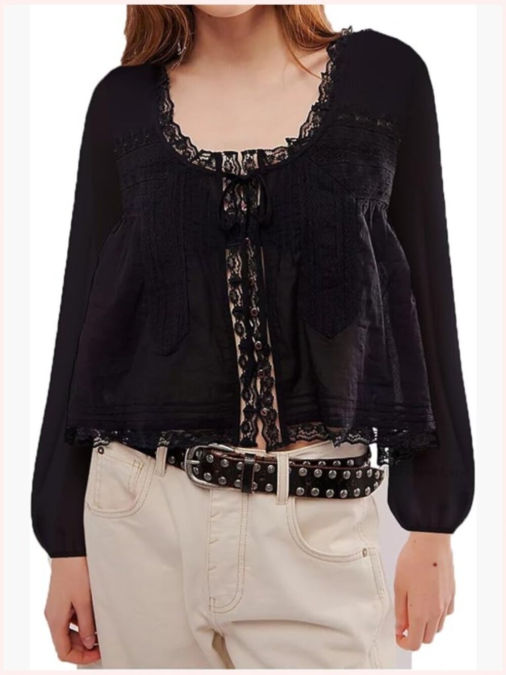 Boho Lace V-Neck Blouse with Bow Tie Front